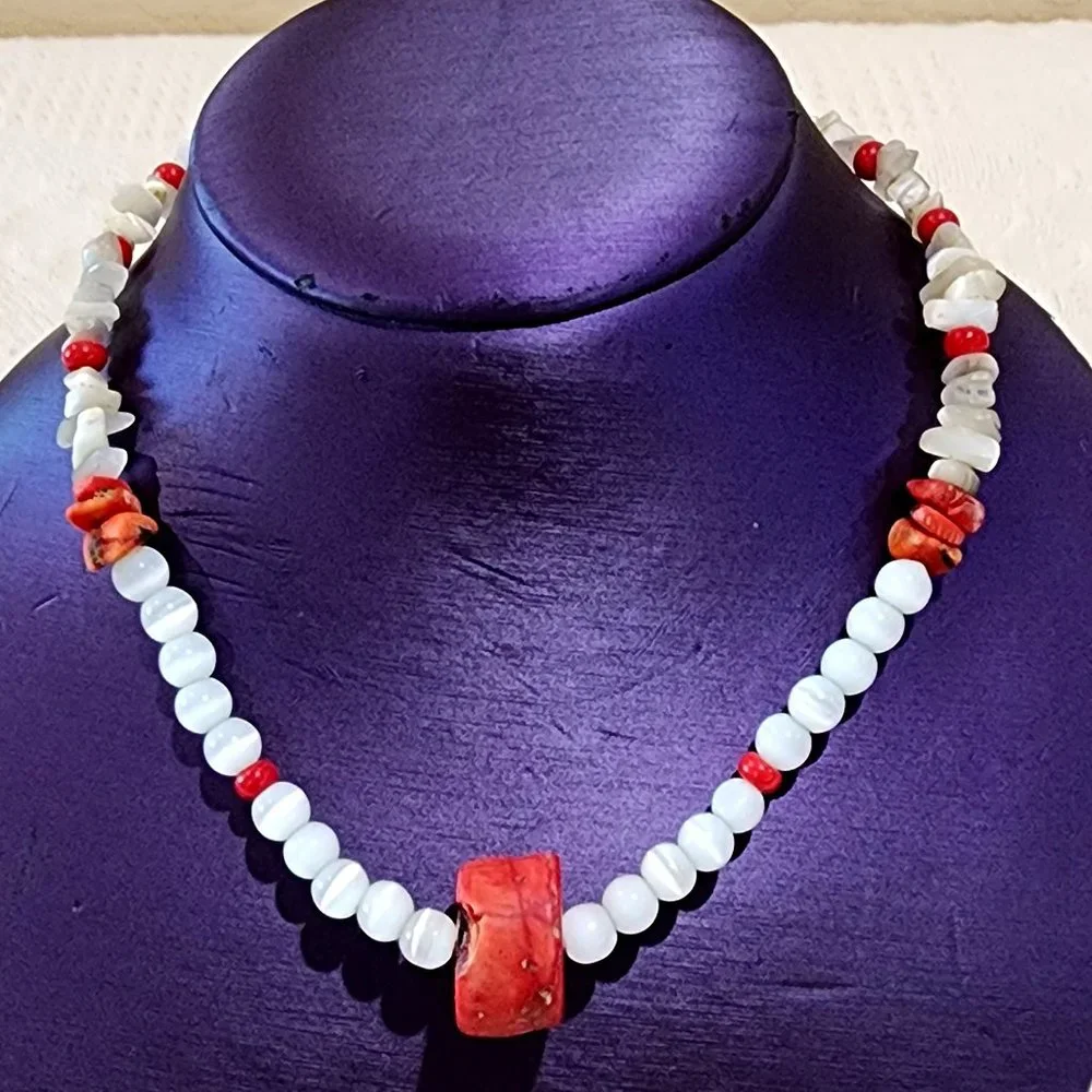 MCM White Abalone Mother of Pearl and Red Natural Stone Beaded Necklace